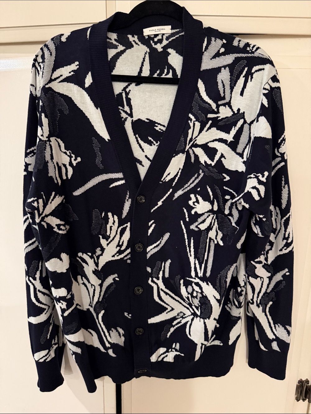 Paolo Pecora Black and White Floral Jacquard Knit Button Cardigan